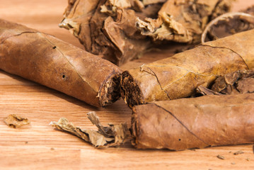 cigar of tobacco on the wooden background