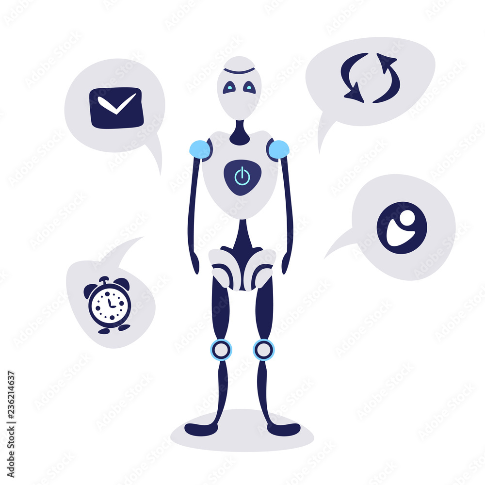 Poster modern robot chat bubble speech bot helper artificial intelligence concept cartoon character isolate