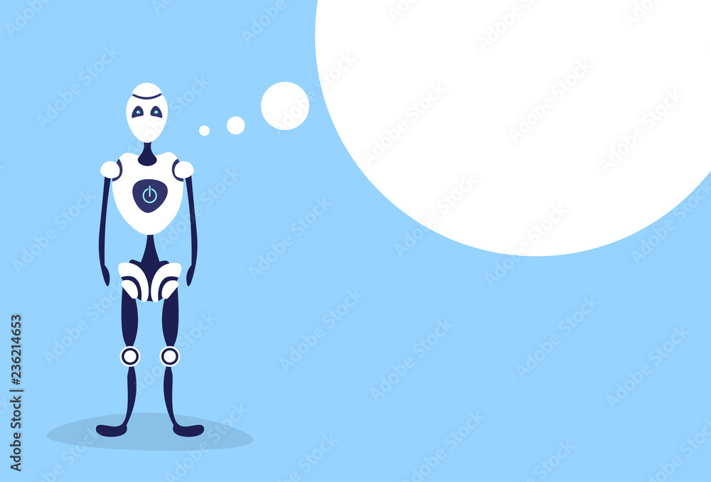Poster modern robot chat bubble bot helper artificial intelligence concept cartoon character blue backgroun
