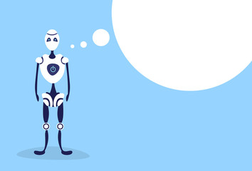 modern robot chat bubble bot helper artificial intelligence concept cartoon character blue background full length flat horizontal
