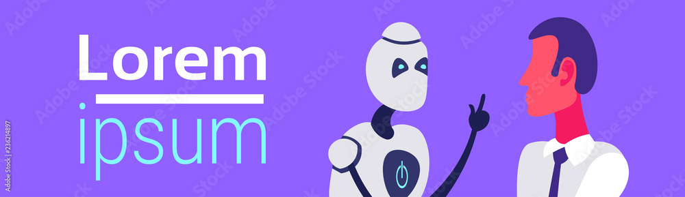 Poster robot vs human modern robotic machine businessman communication computer technology and artificial i
