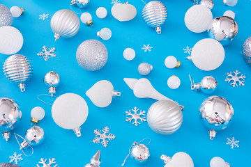 merry christmas and happy new year concept with Celebration balls Bronze Silver on blue background