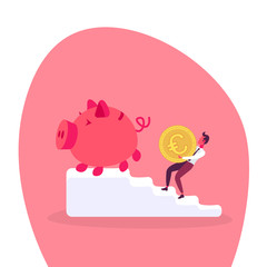 businessman carrying euro coin piggy bank ladder podium climbing growth wealth concept cartoon character full length flat