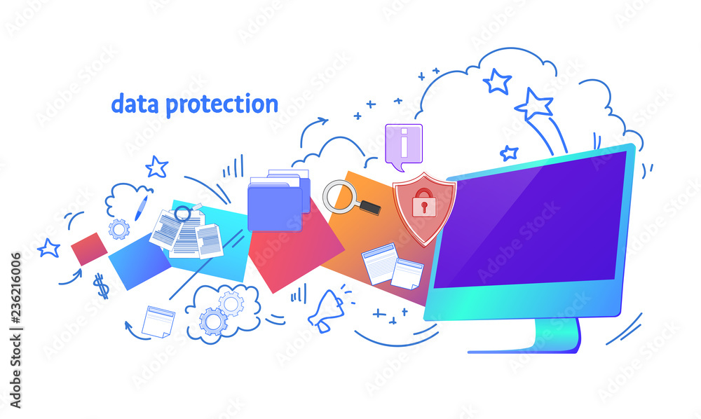 Poster data protection shield padlock over synchronization computer general data protection regulation gdpr