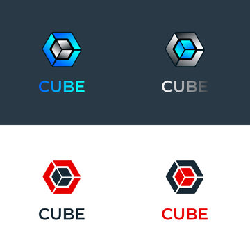Vector colourful blue gradient and metal  glass cubes logo template set. Ice and silver cube brand icon design, abstract company symbol in gradient blue and red version