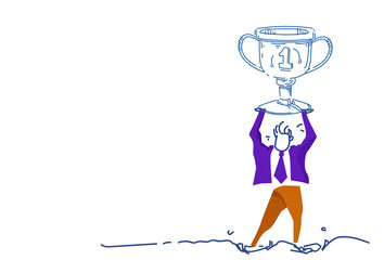 businessman holding winner cup trophy first place concept man colored silhouette success best worker horizontal sketch doodle vector illustration