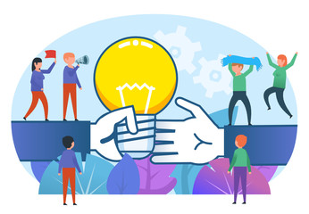 Share creative ideas concept. Small people stand near big hand with idea. Poster for social media, web page, banner or presentation. Flat design vector illustration