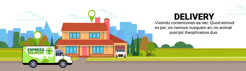Fototapeta premium cargo minivan delivery transport parcel packages geo tag destination transportation shipping industrial concept house yard exterior flat horizontal banner copy space