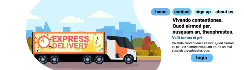 Naklejka premium cargo semi truck delivery transport international transportation shipping industrial highway concept cityscape landscape background flat horizontal banner copy space