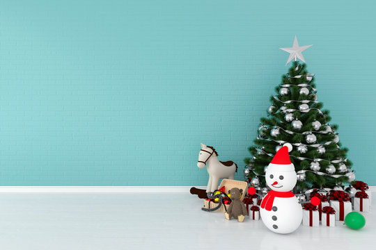 Christmas Tree And Snowman In Light Blue Room For Mockup, 3D Rendering