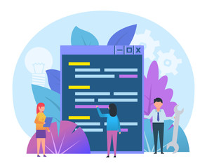 Coding, programming web or desktop application. Small people stand near big page with code. Poster for social media, presentation, web page, banner. Flat design vector illustration