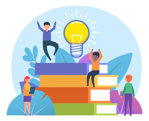 Education, reading books, knowledge concept. Small people pose near big books. Poster for social media, presentation, web page, banner. Flat design vector illustration
