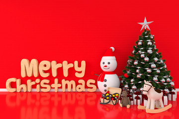 Fototapeta na wymiar Christmas tree and snowman in red room for mockup, 3D rendering
