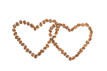 Two coffee bean hearts isolated on white background