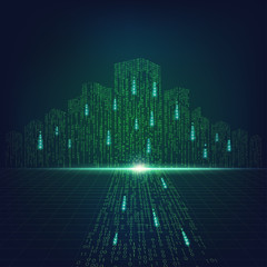 concept of digital advancement technology, digital cityscape in matrix style; binary city of green light, 