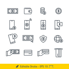 Money and Payment Related Icons / Vectors Set - In Line / Stroke Design | Contains Such money, dollar, coin, mobile payment, message, secure payment, global payment, credit card, and more
