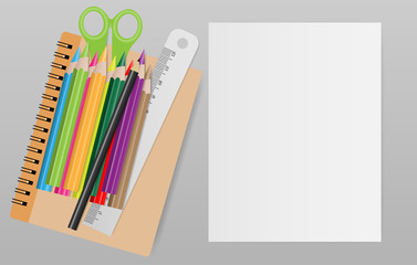 Blank note paper with school supplies on gray background. Vector illustration