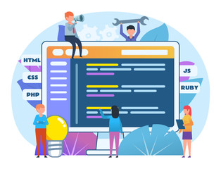 Website, application coding concept. Small people, team standing near web page. Poster for web page, banner, social media, presentation. Flat design vector illustration