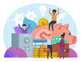 Profitable deal, successful deposit, banking, savings growth. Small people stand near money items. Poster for presentation, web page, banner, social media. Flat design vector illustration