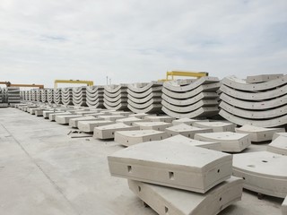 Precast concrete plant with blue sky in the construction site, in storage yard area at Thailand, Space for text in template.