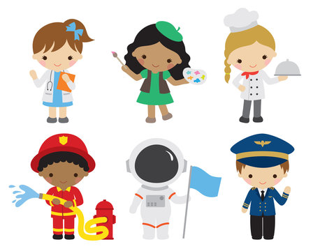 Vector illustration of kids with different professions. Children and future careers including doctor, artist, chef, firefighter, astronaut, pilot.