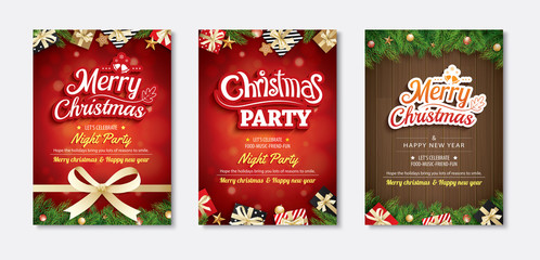 Merry christmas greeting card and party invitations on red background. Vector illustration for happy new year flyer brochure design.