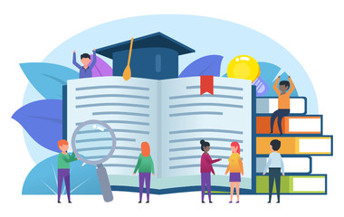 Fototapeta na wymiar Education in school, college, university concept. Small people stand near books. Poster for social media, web page, banner, presentation. Flat design vector illustration