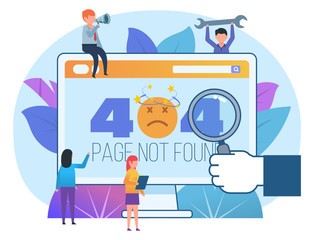 Page not found error. Small people stand near web page with 404 error. Poster for social media, web page, banner, presentation. Flat design vector illustration
