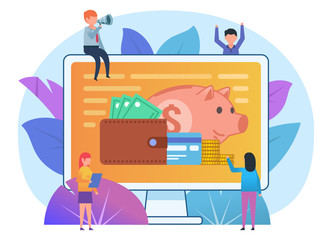 Online payment, electronic wallet, currency concept. Small people stand near web payment application. Poster for social media, web page, banner, presentation. Flat design vector illustration