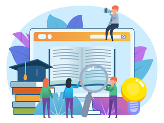 Distance education, online learning concept. Small people stand near educational website. Poster for presentation, social media, banner, web page. Flat design vector illustration