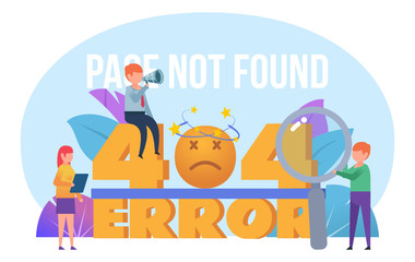 Page not found, 404 error banner. Small people stand near 404 error words. Poster for presentation, social media, banner, web page. Flat design vector illustration