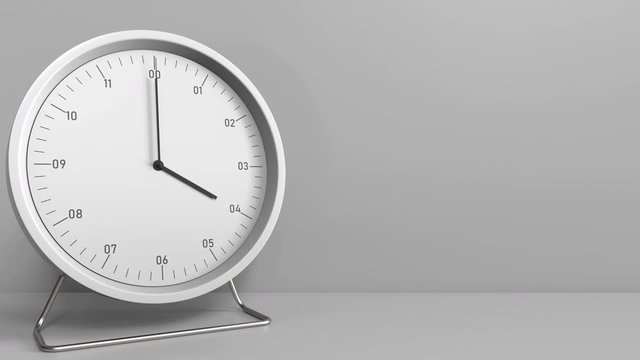 Round clock shows 4:00 or 16:00 sharp. Four or sixteen o'clock. 3D animation