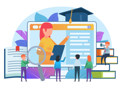 Online education, distance learning concept. Small people stand near educational web page and pile of books. Poster for presentation, social media, banner, web page. Flat design vector illustration