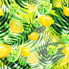 Watercolor abstract seamless background, pattern, spot, splash of paint, blot, divorce,color. Green leaves of a tree, palms, abstract fruit, citrus, orange, lime, lemon, abstract splash. 
green paint