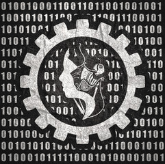 Humanoid robot head. Robotics industry relative image. Binary code on backdrop