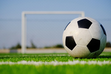 Fototapeta na wymiar Soccer football on green grass field and goal post