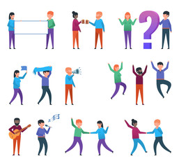 Funny people characters showing various actions. People dancing, celebrating, cheering, playing music, drinking beer, thinking. Flat design vector illustration