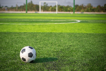 Soccer football on green grass field and goal post