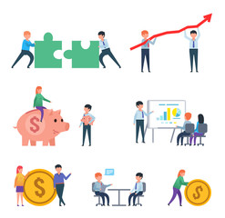 Set of business people in various situations. Business people combine big puzzle, hold growth arrow, ride big piggy bank and other actions. Flat design vector illustration