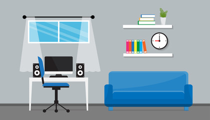Flat design of modern workspace, Home office and a living room interior, vector illustration