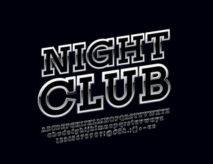 Silver Logo with text Night Club. Vector set of steel Alphabet Letters, Numbers and Symbols. Metallic gradient Font.