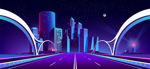 Vector concept background with night city illuminated with neon glowing lights. Futuristic cityscape in blue and violet colors, panorama with modern buildings and skyscrapers, bridge with highway © vectorpocket