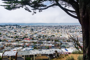 Aerial view of Sunset District, the Pacific Ocean coastline visible in the background, San...