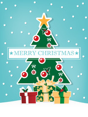 Christmas tree decoration with stars, red balls and colorful gift boxes on snowy background. Vector illustration design for Christmas holiday banner.