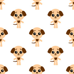 Vector seamless background. Kawai dog on the white background, cartoon puppy.