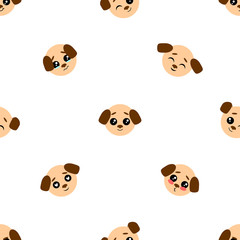 Vector seamless background. Kawai dog on the white background, cartoon puppy.