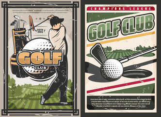 Sport golf club poster with player and game items