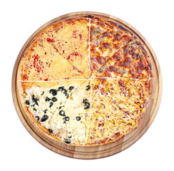 quadruple topping family pizza on the wooden desk