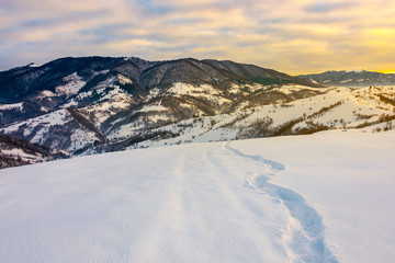 winding foot path through snowy slope in mountains