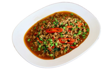 Spicy pork chicken with basil leaves.